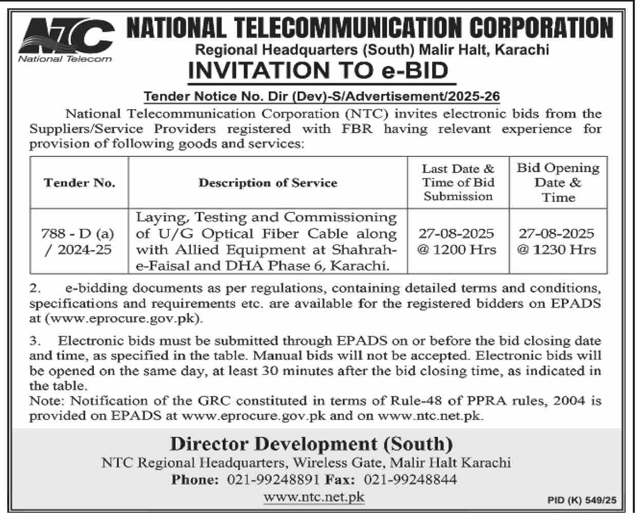 National Telecommunication Corporation Karachi Tender Notice